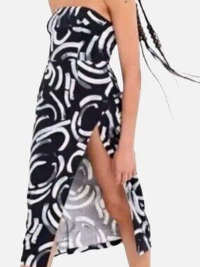 Urban Outfitters Strapless Midi Dress Blk/Wht Geometric Design Linen Sz S